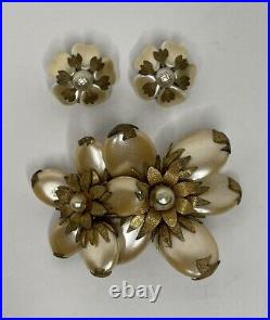 Vintage MIRIAM HASKELL Faux Pearl Flower Brooch With Matching Clip Earring Set