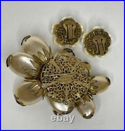 Vintage MIRIAM HASKELL Faux Pearl Flower Brooch With Matching Clip Earring Set