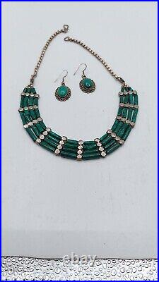 Vintage Malachite Stone Necklace with 925 Matching Earrings Handmade