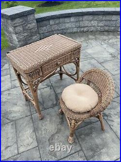 Vintage Natural Wicker Console Desk Vanity Set with Matching Chair