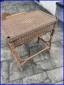 Vintage Natural Wicker Console Desk Vanity Set with Matching Chair