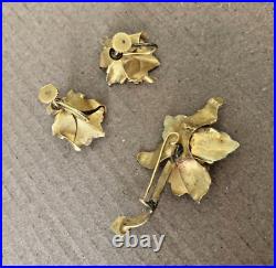 Vintage Rose & Green 18k Gold Pearl Orchid Earrings Brooch Matching Set BIN