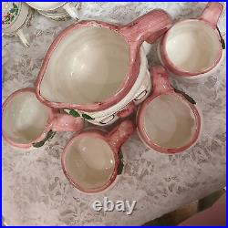 Vintage Set of Pink Santa Pitcher and 4 Matching Ceramic Mugs