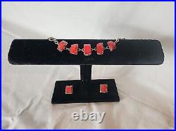 Vintage Southwestern Style Coral 925 Bracelet 7.5 Matching Clip On Earring Set