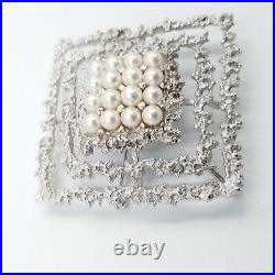 Vintage Tasaki Akoya Pearl Silver Brutalist Brooch and Matching Ring Set