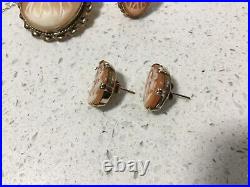 Vintage Three Graces Cameo Brooch/Pendant, Ring & Stud Earrings Matching Set 9K
