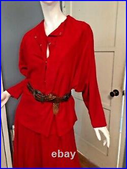 Vtg 80s MAURICE SASSON Red SUEDE LEATHER Trophy MATCHING SET MIDI Skirt Blouse M