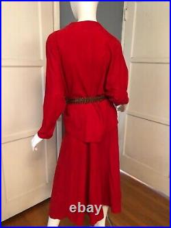Vtg 80s MAURICE SASSON Red SUEDE LEATHER Trophy MATCHING SET MIDI Skirt Blouse M
